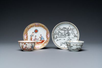 Twee Chinese famille rose en grisaille koppen en schotels, Yongzheng/Qianlong