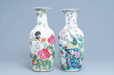 Twee Chinese famille rose en qianjiang cai vazen met vogels, 19e eeuw