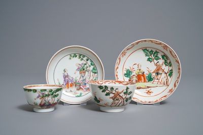 Twee Chinese famille rose koppen en schotels met kersenplukkers, Qianlong