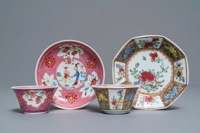 Twee Chinese famille rose koppen en schotels, Yongzheng/Qianlong