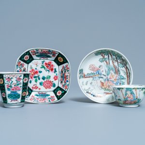 Twee Chinese famille rose koppen en schotels, Yongzheng/Qianlong — foto 1