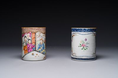 Twee Chinese famille rose kroezen met figuratief en floraal decor, Qianlong