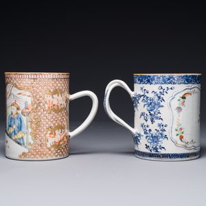 Twee Chinese famille rose kroezen met figuratief en floraal decor, Qianlong — foto 2