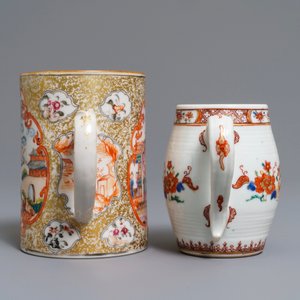 Twee Chinese famille rose kroezen met mandarijns en floraal decor, Qianlong — foto 5