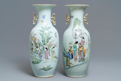Twee Chinese famille rose vazen met figuren in een tuin, 19/20e eeuw