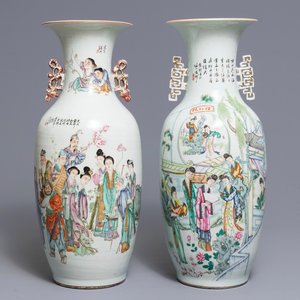 Twee Chinese famille rose vazen met tweezijdig decor, 19/20e eeuw — foto 1