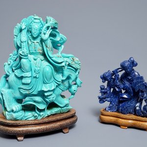 Twee Chinese figuren in turkoois en lapis lazuli, 20e eeuw — foto 1