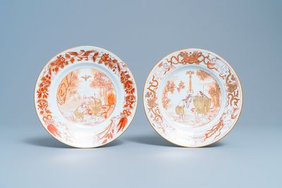 Twee Chinese 'melk en bloed' borden met doopscènes, Kangxi
