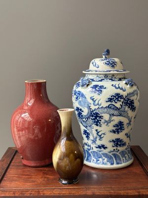Twee Chinese monochroom geglazuurde vazen en een blauw-witte vaas, 19e eeuw — foto 2