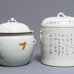 Twee Chinese qianjiang cai en famille rose dekselkommen, 19/20e eeuw — foto 3