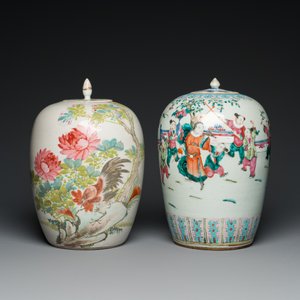 Twee Chinese qianjiang cai en famille rose dekselpotten, 19e eeuw — foto 2