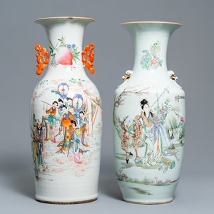 Twee Chinese qianjiang cai en famille rose vazen, 19/20e eeuw — foto 1