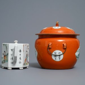 Twee Chinese qianjiang cai kommen en een theepot, 19/20e eeuw — foto 5