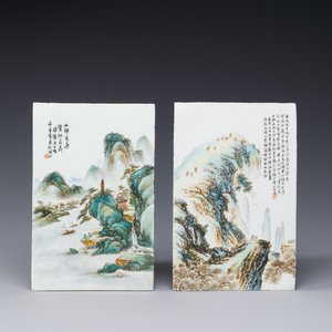 Twee Chinese qianjiang cai plaquettes, gesigneerd Shi Qifeng 石奇峰 en Wang Xiliang 王錫良, gedateerd 1944 — foto 1