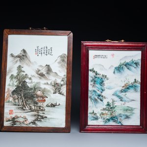 Twee Chinese qianjiang cai plaquettes, gesigneerd Wang Yunshan 汪雲山 en Wang Shu 王樞, gedateerd 1932 en 1937 — foto 1