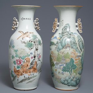 Twee Chinese qianjiang cai vazen met decors van landschappen en vogels, 19/20e eeuw — foto 1