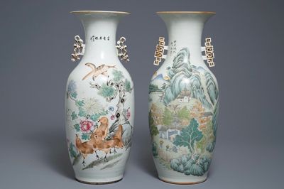 Twee Chinese qianjiang cai vazen met decors van landschappen en vogels, 19/20e eeuw