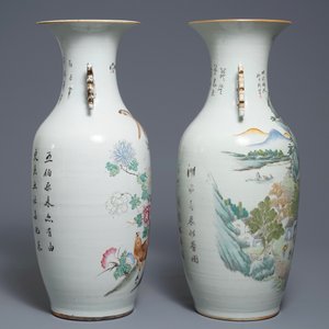 Twee Chinese qianjiang cai vazen met decors van landschappen en vogels, 19/20e eeuw — foto 2