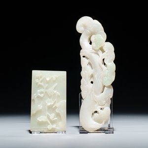 Twee Chinese snijwerken in witte en groene jade, 19/20e eeuw — foto 1
