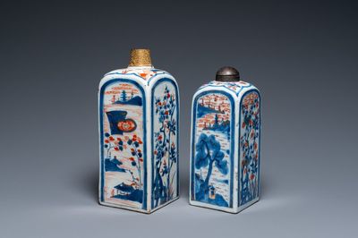 Twee Chinese vierkante Imari-stijl flessen met monturen, Kangxi