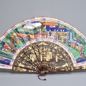 Twee Chinese waaiers in beschilderd papier en zwarte lak, met originele dozen, Canton, 19e eeuw — foto 8