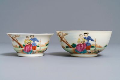 Twee fijne Chinese famille rose kommen met Europees decor, Qianlong