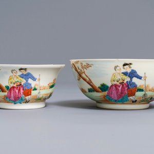 Twee fijne Chinese famille rose kommen met Europees decor, Qianlong — foto 1
