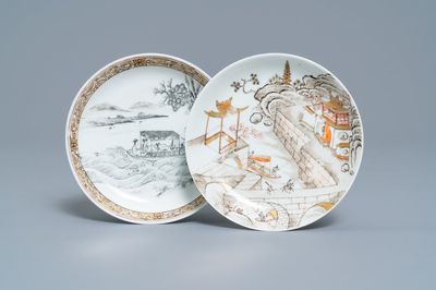 Twee fijne Chinese grisaille en ijzerrode eierschaal schotels, Yongzheng