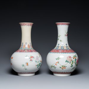 Twee flesvormige Chinese famille rose vazen, Hongxian merk, Republiek — foto 2
