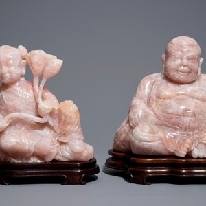 Twee grote Chinese figuren in roze kwarts op houten sokkels, 20e eeuw — foto 2