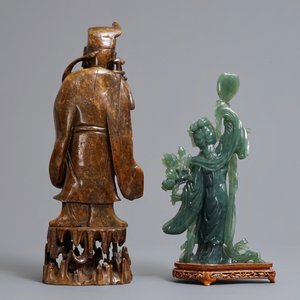 Twee grote Chinese jade en zeepstenen figuren, 19/20e eeuw — foto 3
