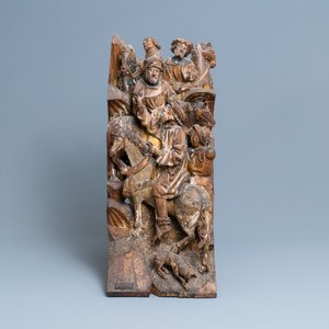 Twee grote gepolychromeerde eikenhouten retabelfragmenten van een kruisiging, wellicht Brabant, 15/16e eeuw — foto 4