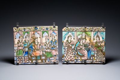 Twee grote rechthoekige Qajar tegels, Iran, 19e eeuw