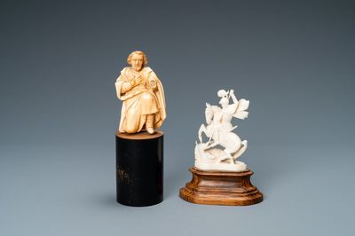 Twee ivoren figuren: Sint-Jozef, Spanje, 17e eeuw en Sint-Joris met de draak, 19/20e eeuw