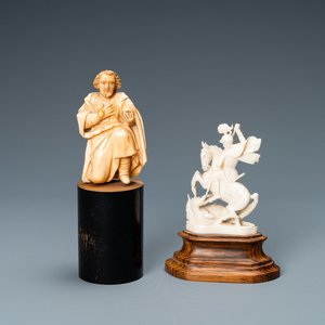 Twee ivoren figuren: Sint-Jozef, Spanje, 17e eeuw en Sint-Joris met de draak, 19/20e eeuw — foto 1