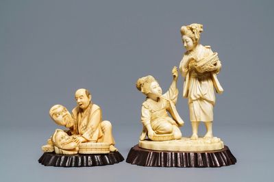 Twee Japanse ivoren okimono met signatuur, Meiji, 19e eeuw
