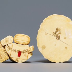 Twee Japanse ivoren okimono met signatuur, Meiji, 19e eeuw — foto 3