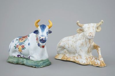 Twee koetjes in Delfts aardewerk, 18/19e eeuw