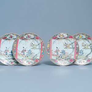 Twee paar Chinese famille rose 'Romance of the Western Chamber' borden, Qianlong — foto 1