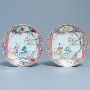 Twee paar Chinese famille rose 'Romance of the Western Chamber' borden, Qianlong — foto 2