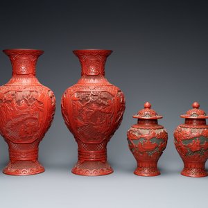 Twee paar Chinese vazen in rood lakwerk, 19/20e eeuw — foto 2