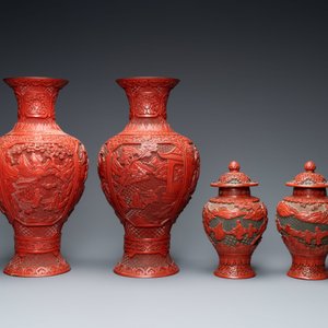 Twee paar Chinese vazen in rood lakwerk, 19/20e eeuw — foto 3