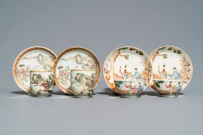 Twee paar fijne Chinese famille rose koppen en schotels, Yongzheng/Qianlong
