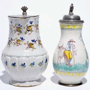 Twee polychrome faïence kannen met tinnen deksel, Noord-Frankrijk en Oostenrijk, 18e eeuw — foto 4
