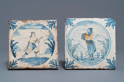 Twee tegels met figuren in medaillons, Nevers, Frankrijk, 17e eeuw