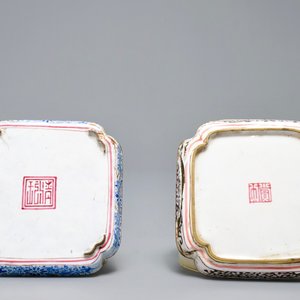 Twee vierkante Chinese Canton email schoteltjes, Qianlong — foto 2