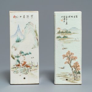 Twee vierkante Chinese qianjiang cai hoedensteunen, 19/20e eeuw — foto 3