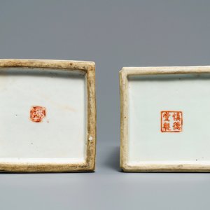 Twee vierkante Chinese qianjiang cai hoedensteunen, 19/20e eeuw — foto 5