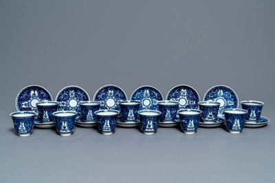 Twelve Chinese blue and white cups and saucers, 19th C.