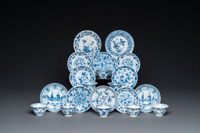 Twelve Chinese blue and white saucers and eight cups, Kangxi/Yongzheng